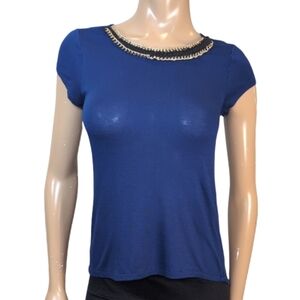 RW&CO. Royal Blue Chain Embellished Short Sleeve Top Womens Size XS Tshirt